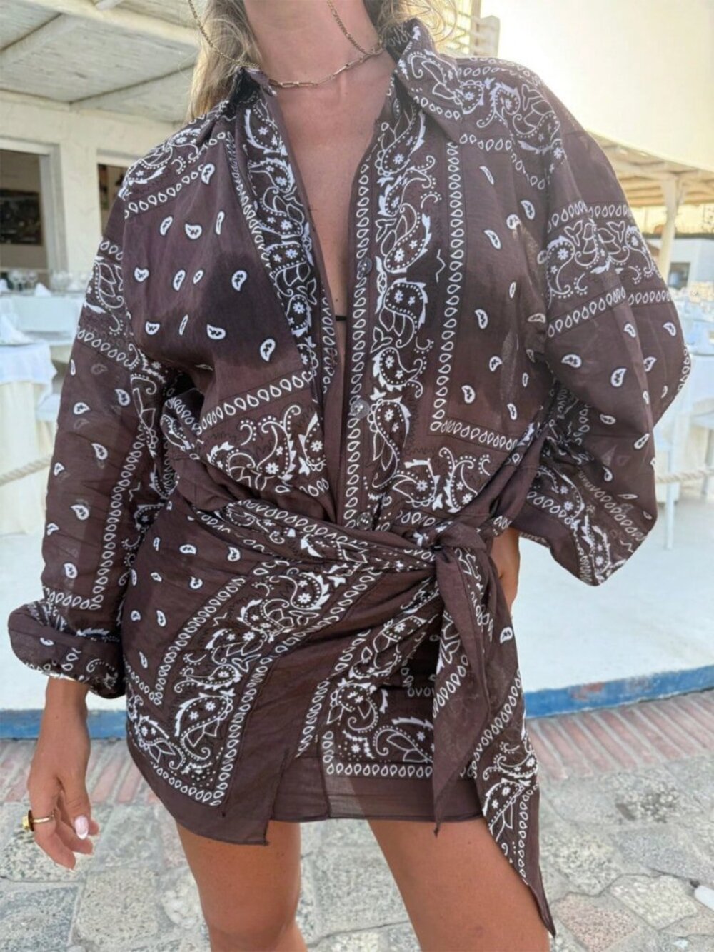 Brown Boho Casual Women's Paisley Printed Set Shirt Tie Skirt Shorts